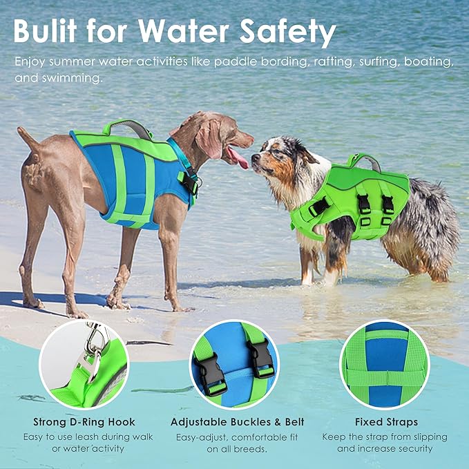 Dog Life Jacket, High Buoyancy Dog Life Vest with Handle for Swimming Boating, Adjustable Swimming Vest with Reflective Trim for Small Medium Large Dogs - Blue & Green, XL