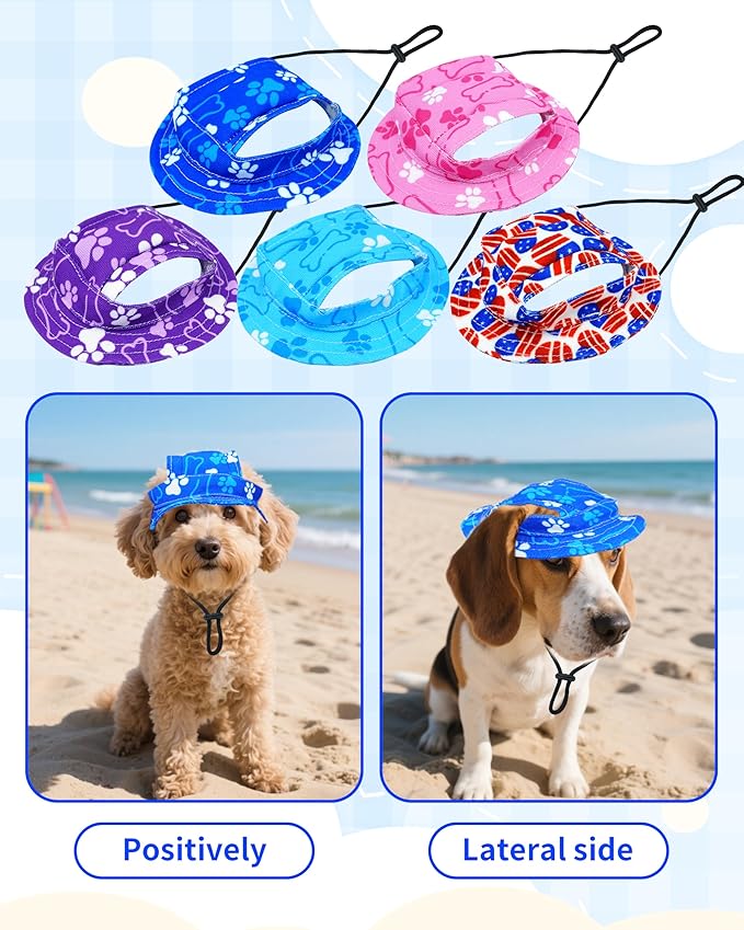 PET SHOW Dog Bucket Hat Paw Print Dog Visors for Small Doggy Cats Waterproof Outdoor Pet Sun Hats with Ear Holes Round Brim Adjustable Drawstring Boy Puppy Cap-Royal Blue/XS