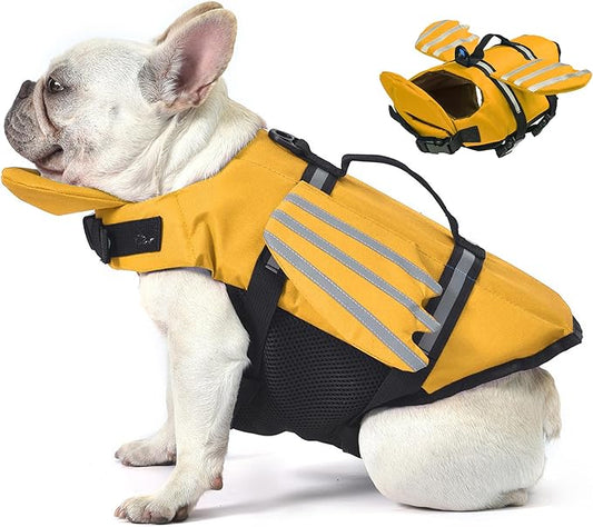 Dog Life Jacket, Cute Wings Adjustable Dog Life Vest with Chin Float and Handle for Swimming Boating Reflective High Buoyancy Swim Float Vest for Small Medium Large Dogs (Yellow, S)