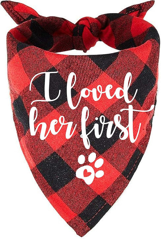 Funny Cute Engagement Red Plaid Pet Dog Cat Bandana Scarf I Loved Her First for Dog Lover Owner Wedding Photo Props