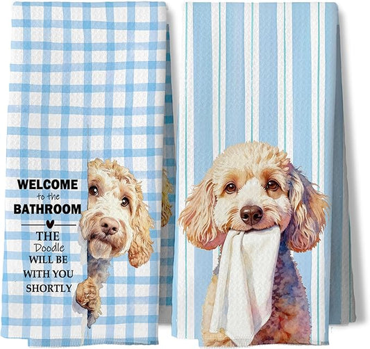 Funny Golden Doodle Bathroom Hand Towels, Goldendoodle Gifts for Women, Blue Preppy Plaid Striped Doodle Decorative Hand Tea Towels for Washroom Restroom Toilet, 16x24 Inches Set of 2