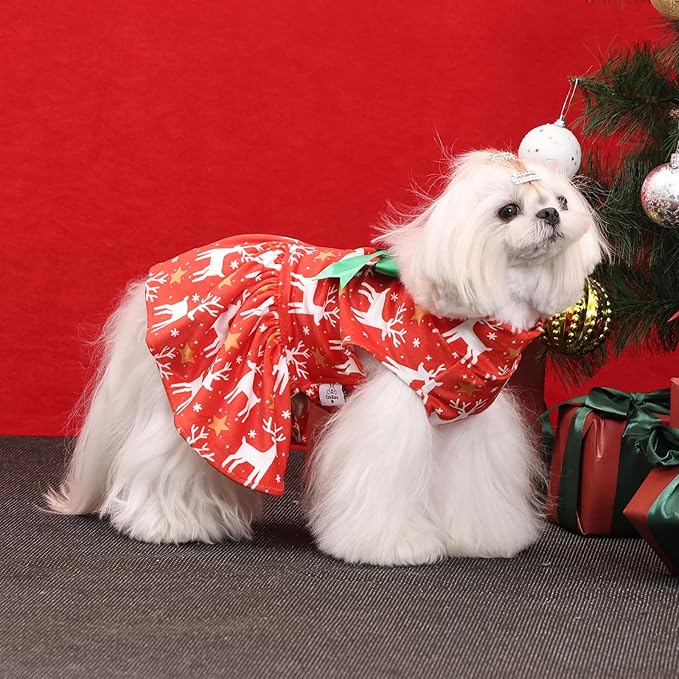 CuteBone Turtleneck Dog Velvet Dress Christmas Puppy Skirt Costume Pet Clothes Cat Apparel with Bow Hair Rope for Small Dogs CVD24S