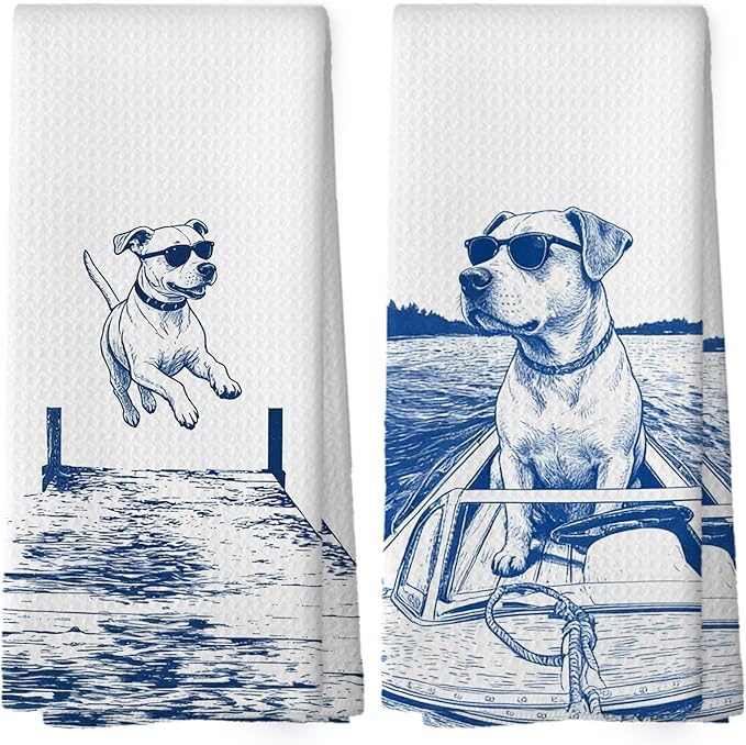 Lake House Decor Pitbull Kitchen Towels Set of 2, Summer Funny Lake Dog Coastal Bathroom Hand Towel, Dog Lover Gifts Tea Towel Dish Towels 16x24 Inch