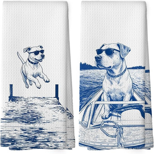 Lake House Decor Pitbull Kitchen Towels Set of 2, Summer Funny Lake Dog Coastal Bathroom Hand Towel, Dog Lover Gifts Tea Towel Dish Towels 16x24 Inch