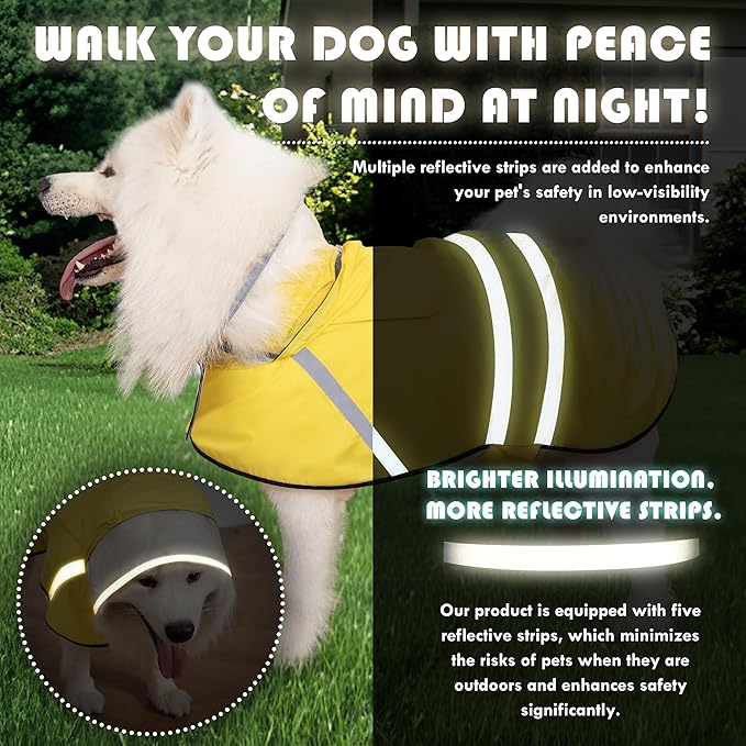 Dog Raincoat, Adjustable Rain Jacket with Hooded Double Layer for Large Medium Small Dogs Puppies, Lightweight Waterproof Rain Coat Poncho with Reflective Stripe Yellow,M