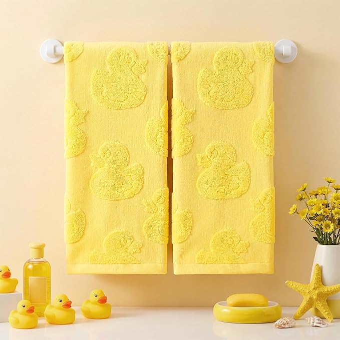2pcs Yellow Duck Hand Towels for Bathroom Yellow Cotton Jacquard Kitchen Bath Hand Towels Set Cute Duck Decorative Weave 3D Kitchen Dish Towel Soft Absorbent Bathroom Towel Home Decor Gift