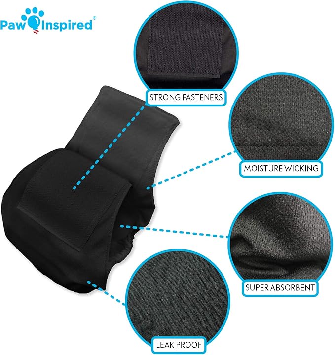 Paw Inspired 3-Count Reusable Male Dog Wraps, Washable Diapers for Male Dogs, Belly Bands for Incontinence, Surgery, Male Marking (XS Size, Black Color with Black Lining, Pack of 3)