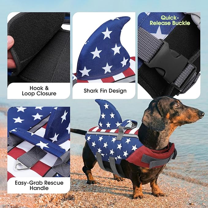 SUNFURA Dog Life Jacket Shark Life Vest for Dogs, Adjustable Swmming Vest with High Buoyancy, Safety Lifesaver with Rescue Handle for French Bulldog Small Medium Breeds, USAFlag2 S