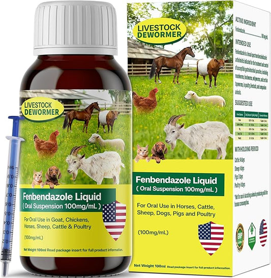 Dewormer for Goat, Chickens, Horses, Sheep, Poultry & More, Fenbendazole for All Wormers, Tapeworms, Roundworms & Hookworms, 100 ml