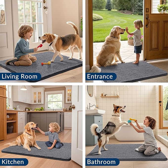Smiry Dog Door Mat for Muddy Paws 54x24, Absorbs Moisture and Dirt Doormat, Non-Slip Washable Quick Dry Chenille Front Door Mat Indoor Entrance, Entryway Carpet for Inside Floor, Dark Grey