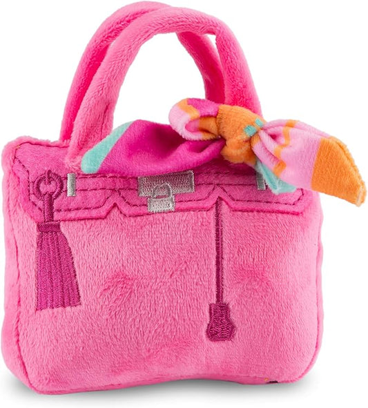 Haute Diggity Dog Barkin Bag with Scarf, Plush Designer Dog Toys with Interactive Squeaker, Stimulating Pet Enrichment, Machine-Washable & Safe Materials for All Breeds, Size Small