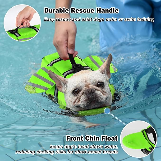 Dog Life Jacket, Cute Wings Adjustable Dog Life Vest with Chin Float and Handle for Swimming Boating Reflective High Buoyancy Swim Float Vest for Small Medium Large Dogs (Green, XL)