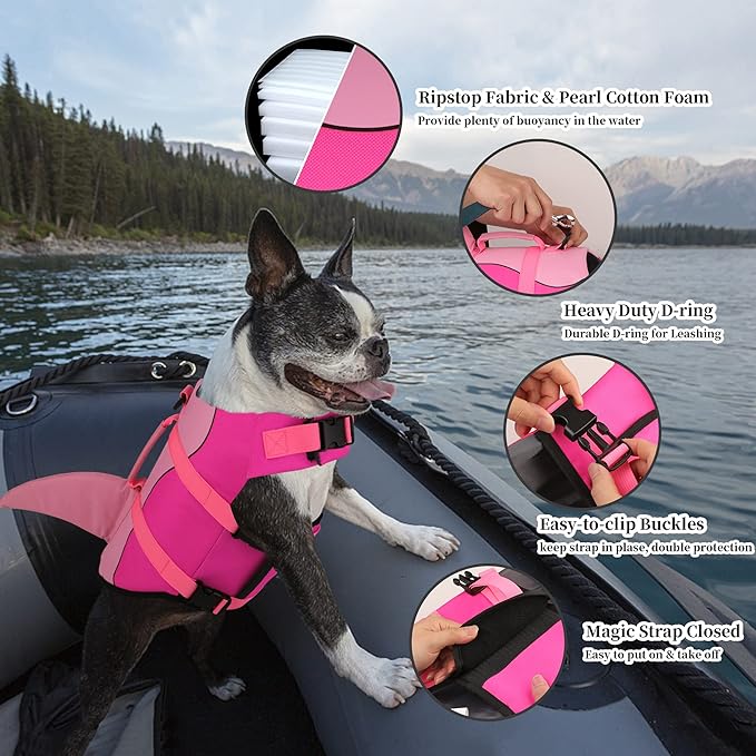 Dogcheer Dog Life Jacket, Cute Shark Dog Life Vest for Swimming Boating with Superior Buoyancy & Rescue Handle, Adjustable Puppy Floating Swim Vest for Small Medium Large Dogs - Pink, M