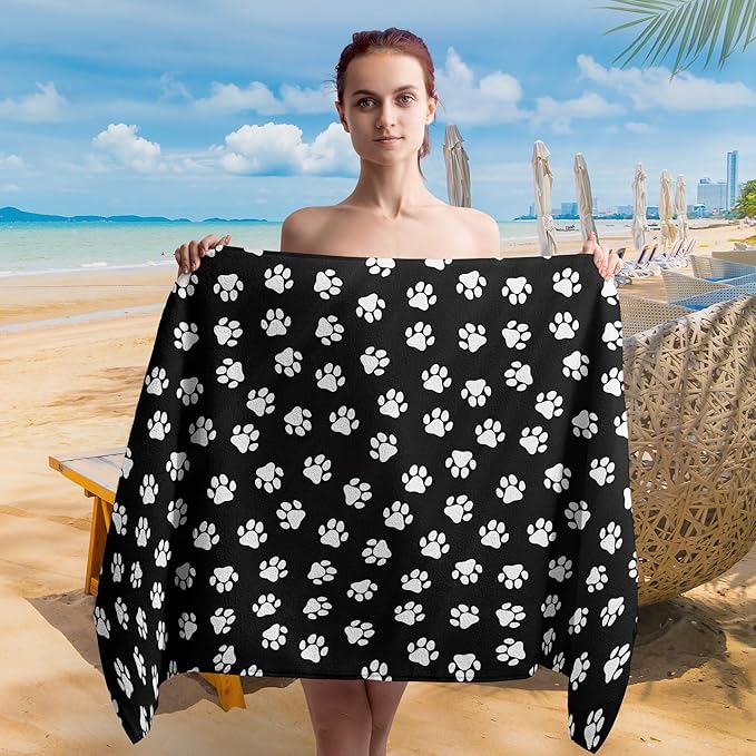 Black Paws Dog Pet Beach Towel Gifts for Women Dog Lovers Owner, Funny Cute Quick Dry Travel Sand Free Beach Towels Oversized Decor for Bathroom Swimming Pool 30x60in