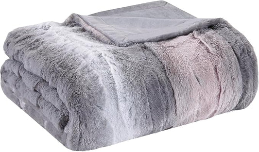 Madison Park Zuri Soft Plush Luxury Oversized Faux Fur Throw Animal Stripes Design, Faux Mink On The Reverse, Modern All Seasons Blanket for Bed, Sofa Couch, Office, Blush/Grey, 60x70