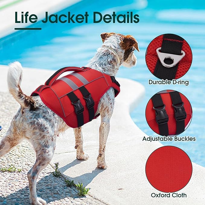 Kuoser Medium Dog Life Jacket, High Flotation Dog Life Vest for Swimming Boating, Reflective Dog Swimming Vest for Medium Dogs Pet Life Preserver with Rescue Handle, Red M