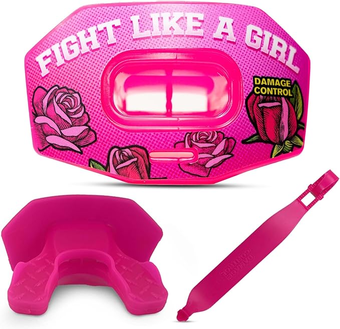 DAMAGE CONTROL Youth Football Mouth Guard – Breathable No Boil Mouthpiece, Protects Lips & Teeth, Works with Braces, Includes Helmet Strap – Sports Gear & Accessories (Fight Like Girl)