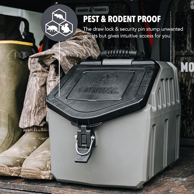 GUNNER 30 lbs Dog Food Storage Container - Waterproof & Airtight Dog Food Bin - Multi-Purpose Pet Meal Bin for Dry Feed, Corn, Chicken Feed, Pet treats, Bird Seed, & More - Gunmetal