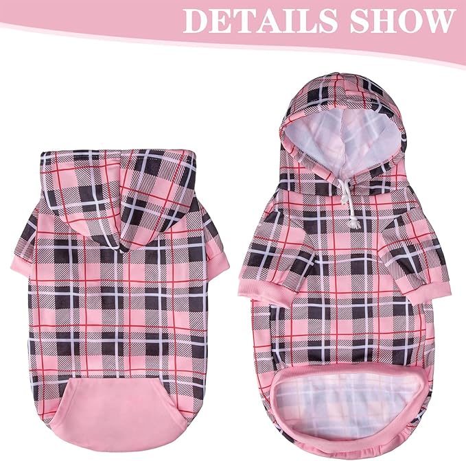 EXPAWLORER Plaid Dog Hoodie - British Style Warm Dog Sweater Shirt with Leash Hole,Pitbull Clothes Outfits,Winter Coat Apparel for All Breeds Puppy Girl Boy-Cat Apparel,Pink Medium