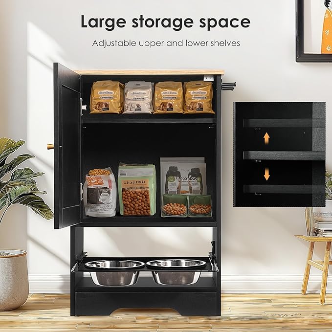 Pet Feeder Station Dog Feeding Station Dog Food Toy Storage Cabinet Storage Container with 2 Pull Out Bowls, Adjustable Panel, Side Hooks, Rattan Door, Black (20.5" Lx14.6 Wx32.1 H)