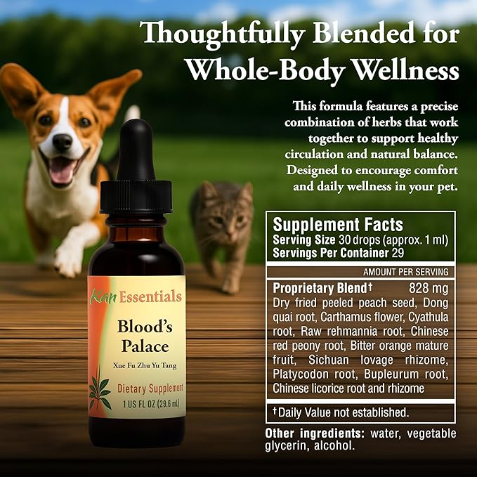 Kan Herb Company Blood’s Palace – Traditional Chinese Herbal Blend for Dogs & Cats to Support Circulation, Liver Qi, Emotional Balance, and Overall Wellness, Liquid Herbal Supplement for Pets, 1 fl oz
