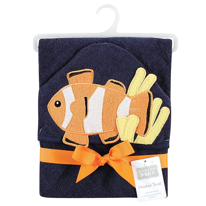 Hudson Baby Unisex Baby Cotton Animal Face Hooded Towel, Clownfish, One Size