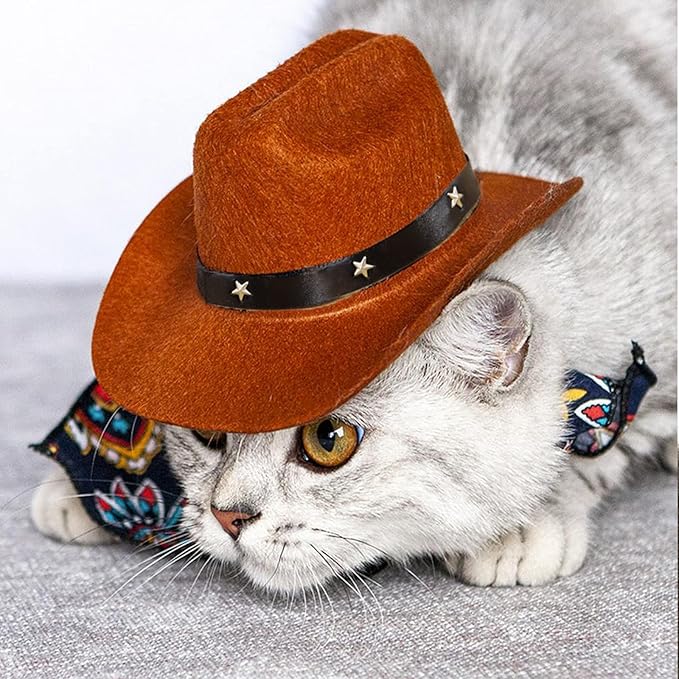 Dog Cowboy Hat & Bandana Scarf (Coffee, Adjustable, Large) - Cute Pet Apparel Costume for Dogs & Cats - Holiday Party Decoration & Surprise Gift