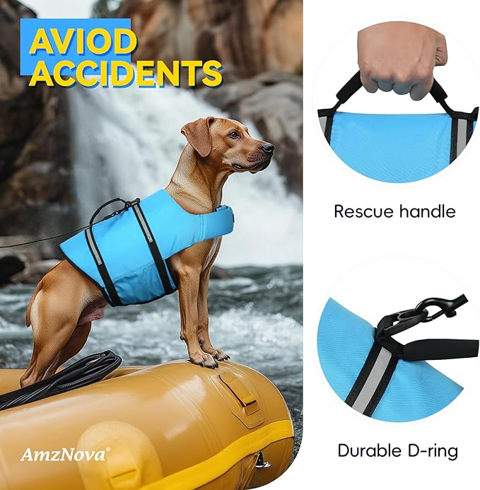 AMZNOVA Rip Stop Dog Life Jacket, Dog Life Vest for Swimming & Boating, Lightweight & Buoyancy for Doggy Puppy, Lifejacket with Handle, S, Blue