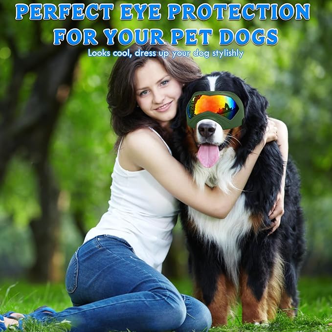 Large Dog Sunglasses Dog Goggles Pet Glasses Pet Eyewear with Adjustable Strap, Glasses for Medium Large Dog Swimming Skating Glasses Windproof Dustproof UV Proof (Green-Coloful)
