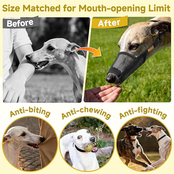 Mayerzon Greyhound Whippet Dog Muzzle, Soft Mesh Muzzle for Long Nose Dogs to Prevent Excessive Biting Chewing Eating, Suitable for Grooming Walking Vet Visits, Allowing Drinking Breathing (Black, S)