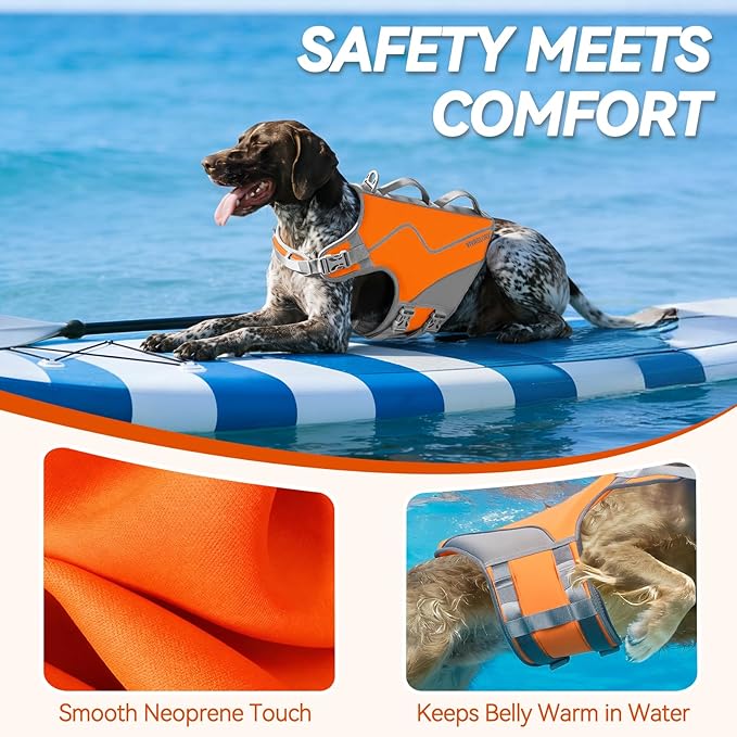 VIVAGLORY Neoprene Dog Life Vest, Dog Life Jacket for Swimming & Boating, Lightweight & Buoyancy for Puppy Doggy, Swimming Vest with Handle, L, Orange