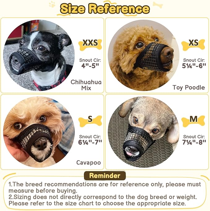 Mayerzon Dog Muzzle for Biting, Patented Soft Breathable Mesh Muzzle for Small Medium Dogs Chihuahua Dachshund Poodle, Adjustable Mouth Cover for Grooming, Chewing, Vet Visits (Black Trim, XS)