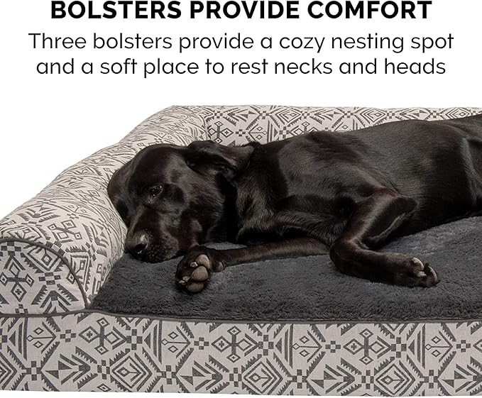 Furhaven Pillow Dog Bed for Large Dogs w/ Removable Bolsters & Washable Cover - Plush & Southwest Kilim Woven Decor Sofa - Boulder Gray, Jumbo/XL