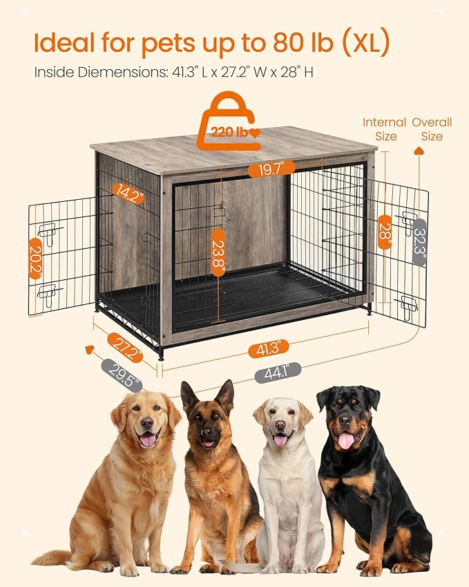 Feandrea 44.1" Dog Crate Furniture, Indoor Dog Cage Side End Table, XL Pet Wood Kennel for Large and Medium Dogs up to 80 lb with Multi-Purpose Removable Tray, Double-Door Pet House, Greige