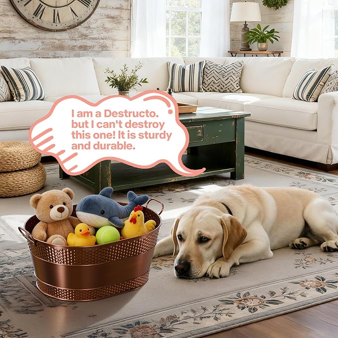 Indestructible Metal Dog Toy Bin: Copper Pet Toy Storage Basket for Living Room Area, Sturdy Chew Proof Puppy Toy Box with Handle, Large Capacity 25-Quart (1 Pack, Copper, Oval)