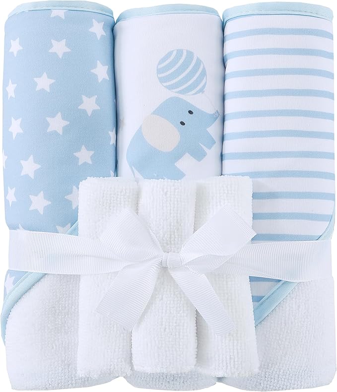 Viviland 6 Pcs Hooded Baby Towels and Washcloths Set, Super Gentle Bath Towels for Newborn Face & Body, Absorbent Wash Cloth for Infants Boys, Blue-Elephant Pattern, 28 x 28 inch