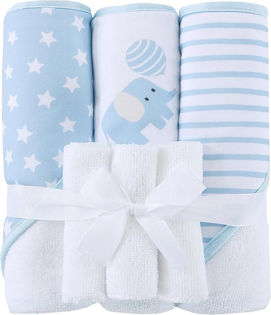 Viviland 6 Pcs Hooded Baby Towels and Washcloths Set, Super Gentle Bath Towels for Newborn Face & Body, Absorbent Wash Cloth for Infants Boys, Blue-Elephant Pattern, 28 x 28 inch
