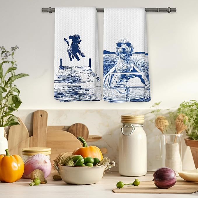 Lake House Decor Doodle Kitchen Towels Set of 2, Summer Funny Lake Dog Coastal Bathroom Hand Towel, Dog Lover Gifts Tea Towel Dish Towels 16x24 Inch