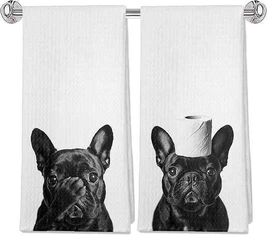 Funny Black French Bulldog Bathroom Hand Towels Set of 2, Gifts for French Bulldog Lovers, Dog Bathroom Decor, Frenchie Gifts Decorative Hand Towels for Bath Room Washroom Spa Gym, 16x24 Inches