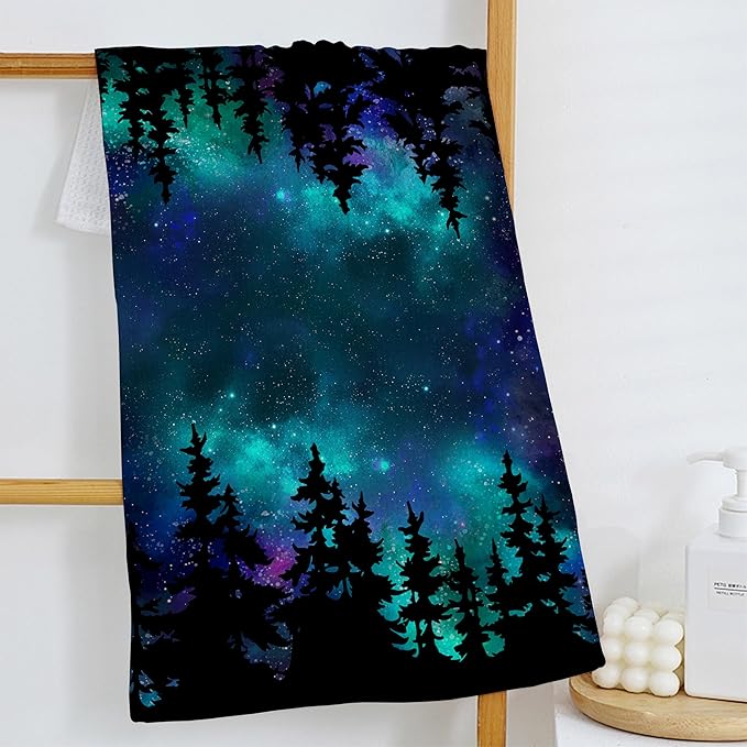 Forest Decor Kitchen Towel&Starry Night Sky Forest Decorative Hand Towels, Forest Bathroom Towels&Forest Decor Dish Towels Tea Towels for Kitchen, 16x24 Inches