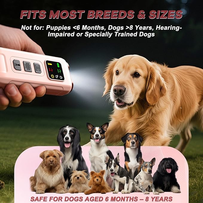 Ultrasonic Dog Bark Deterrent & Anti-Barking Training Device, 3 Modes to Stop Dog Barking, Handheld Tool, Safe, Rechargeable, Compact and Portable, Suitable for Indoor/Outdoor Use(Pink)