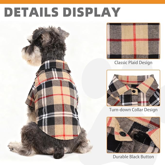 KOOLTAIL Dog Shirt,Cotton Beige Plaid Pet Shirts,Cute Dog Apparel Clothes Suitable for All Seasons, Comfortable Dogs T-Shirt for Small Medium Large Dogs Cats, Pet Outfit Costume,S