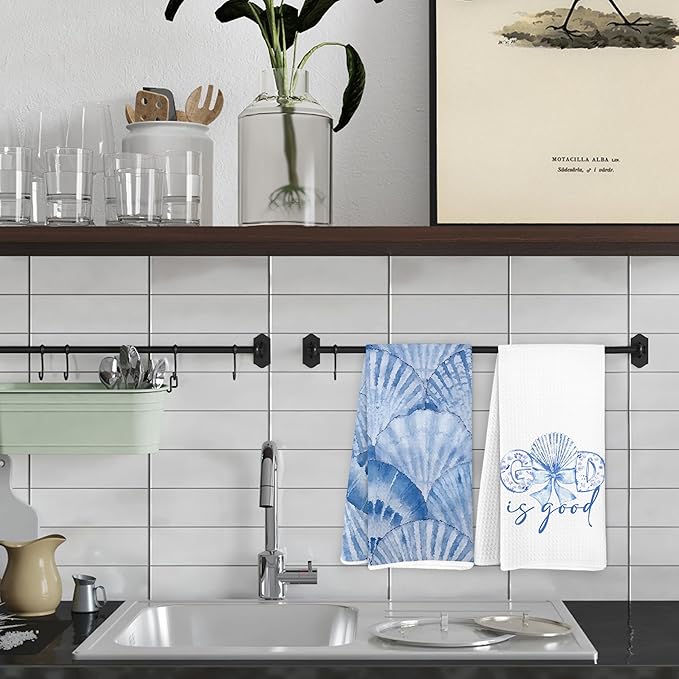 Coquette Blue Bow Seashell Coastal Beach Kitchen Towels Set of 2, God is Good Inspirational Christian Dish Tea Towels for Kitchen Decor, Preppy Beach Hand Towels for Bathroom Decor, 16x24 Inch