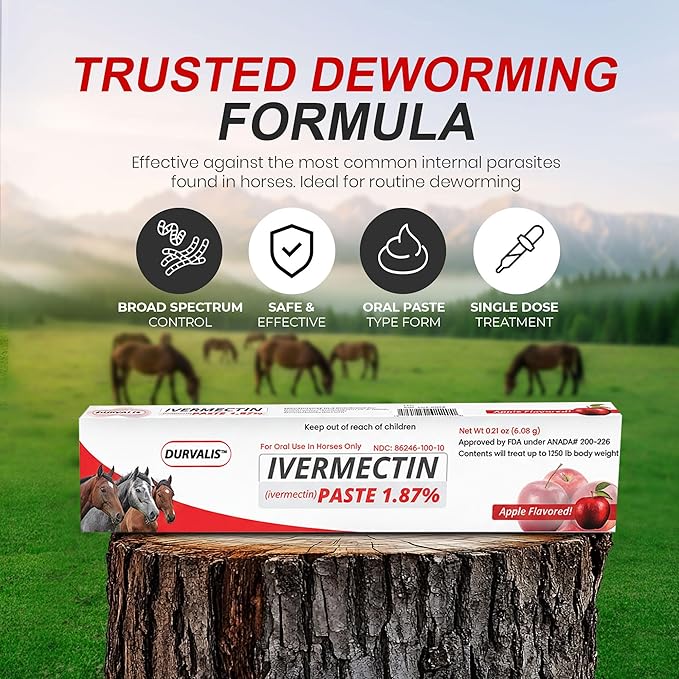Ivermectin Horse Paste 1.87% Dewormer 6.08g Dose-Effective Appled Flavored Ivermectin Paste for Equine Care,Horse Deworming Paste -for Horses Up to 1250 lb (2 Pack)