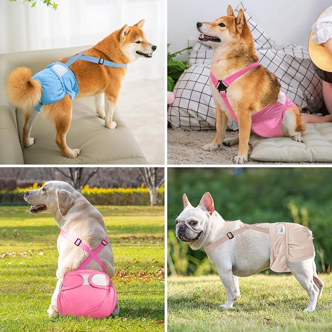 Idepet Female Dog Diapers with Suspender Detachable, 3 Pack Washable Reusable Girl Doggie Diapers for Small Medium Female Dog in Heat Period Cycle Urinary Incontinence Training L