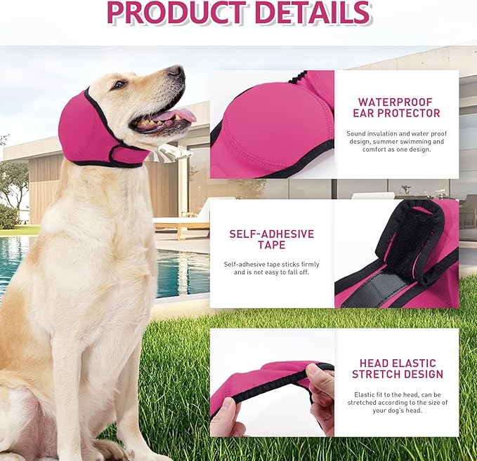 Waterproof Dog Ear Covers for Grooming, Bathing,Swimming, Pet Calming Hoodie Dog Ear Muffs Noise Protection for Blow Drying Sleep Help Headband (Pink，L)