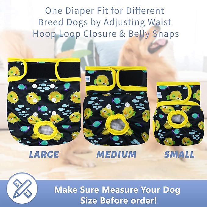 Leekalos Reusable Washable Dog Diapers Female (3 Pack) - Highly Absorbent Doggie Diapers - Size Adjustable Puppy Diapers for Dog Period Panties (Large, Globefish)