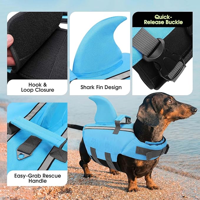 SUNFURA Dog Life Jacket Shark Life Vest for Dogs, Adjustable Swmming Vest with High Buoyancy, Safety Lifesaver with Rescue Handle for French Bulldog Small Medium Breeds, Blue M