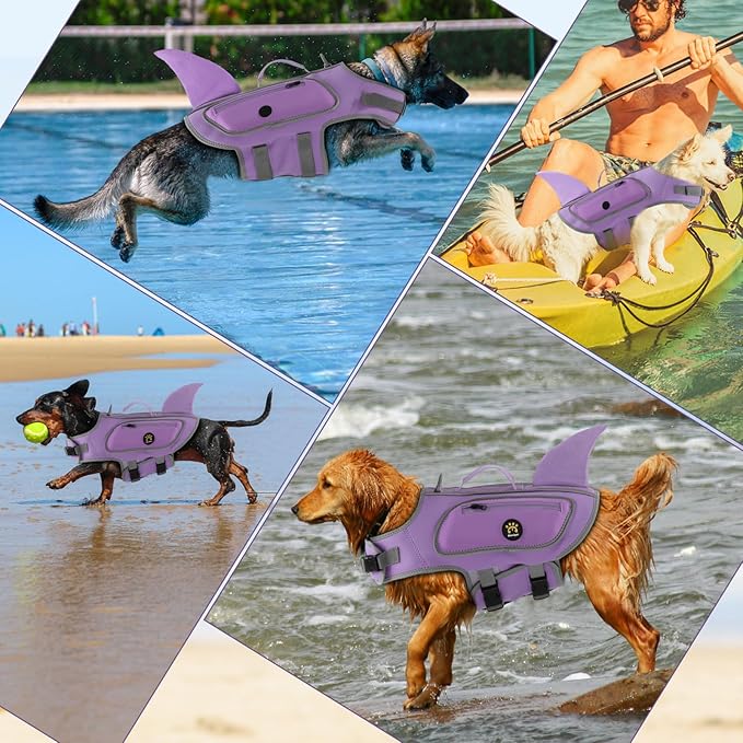 Dog Life Jacket, Cute Shark Dog Life Vest for Swimming Boating with Superior Buoyancy and Rescue Handle, Adjustable Puppy Swim Floating Vest for Small Medium Large Dogs (Lilac, Large)