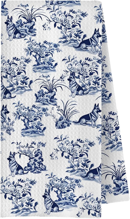 Chinoiserie German Shepherd Kitchen Towels, German Shepherd Gifts Dish Tea Towels for Kitchen Decor, Grand Millenial Floral Dog Decorative Hand Towels for Bathroom, 16x24 Inches
